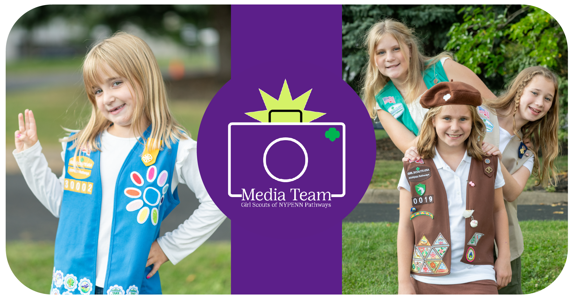 photos of girl scouts of all levels with the Media Team logo in the center.